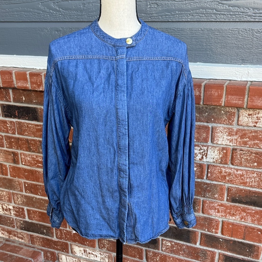 Soft Surroundings Blue Chambray Snap Front Shirt Blouse Size XS Lagenlook